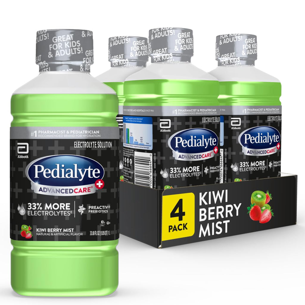 Pedialyte AdvancedCare Plus Electrolyte Solution Kiwi Berry Mist Hydration Drink Has PreActiv Prebiotics 1 Liter Pack of 4