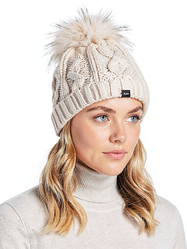 Echo Asiatic Raccoon Fur Pom-Pom Cable-Knit Beanie