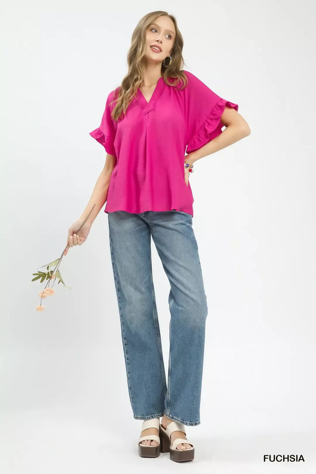 Umgee Ruffle Sleeve V-Neck Flutter Blouse