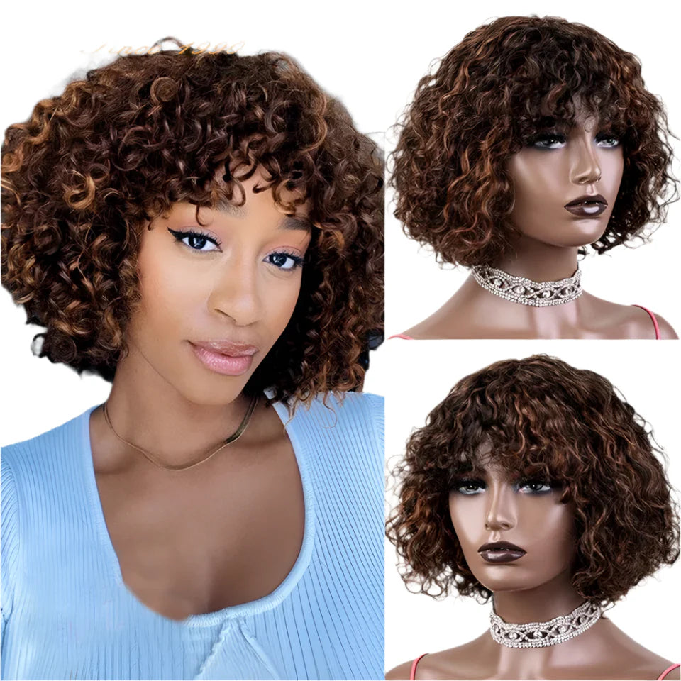 Ombre Honey Blonde Jerry Curly Pixie Bob Wig | Remy Human Hair with Bangs