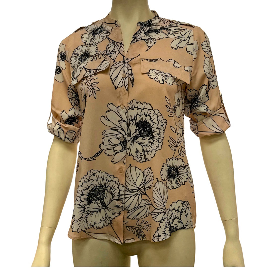 Calvin Klein Printed Tab-Sleeve Top Blush Floral, Size XS