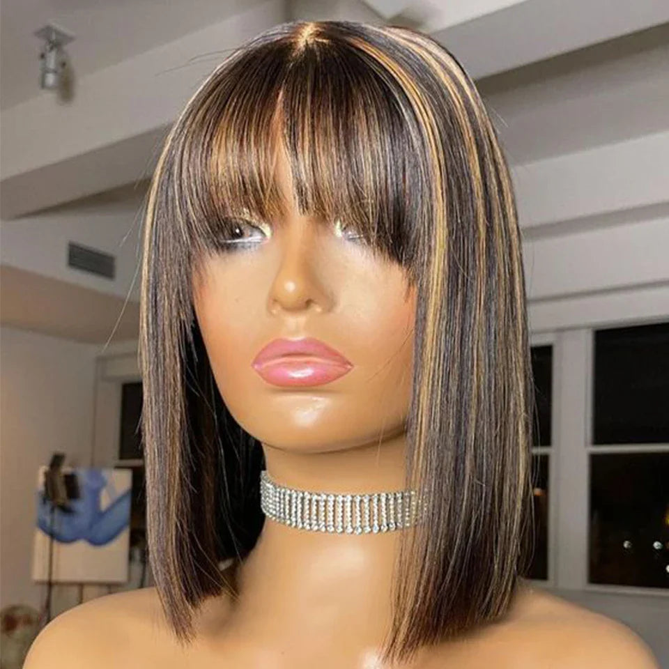 Ombre #4/27 Straight Bob Wig with Bangs | Human Hair Lace Top & Realistic Scalp