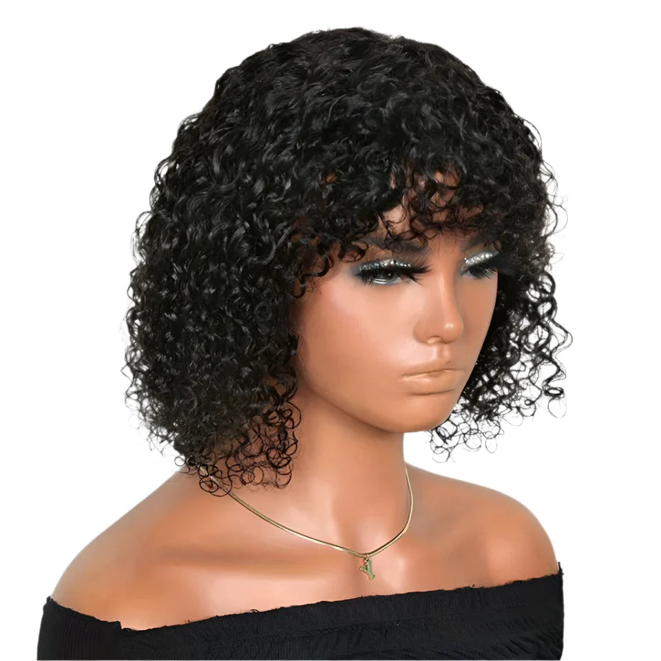 Highlight Honey Blonde Jerry Curly Pixie Bob Wig with Bangs | Full Machine Made Human Hair