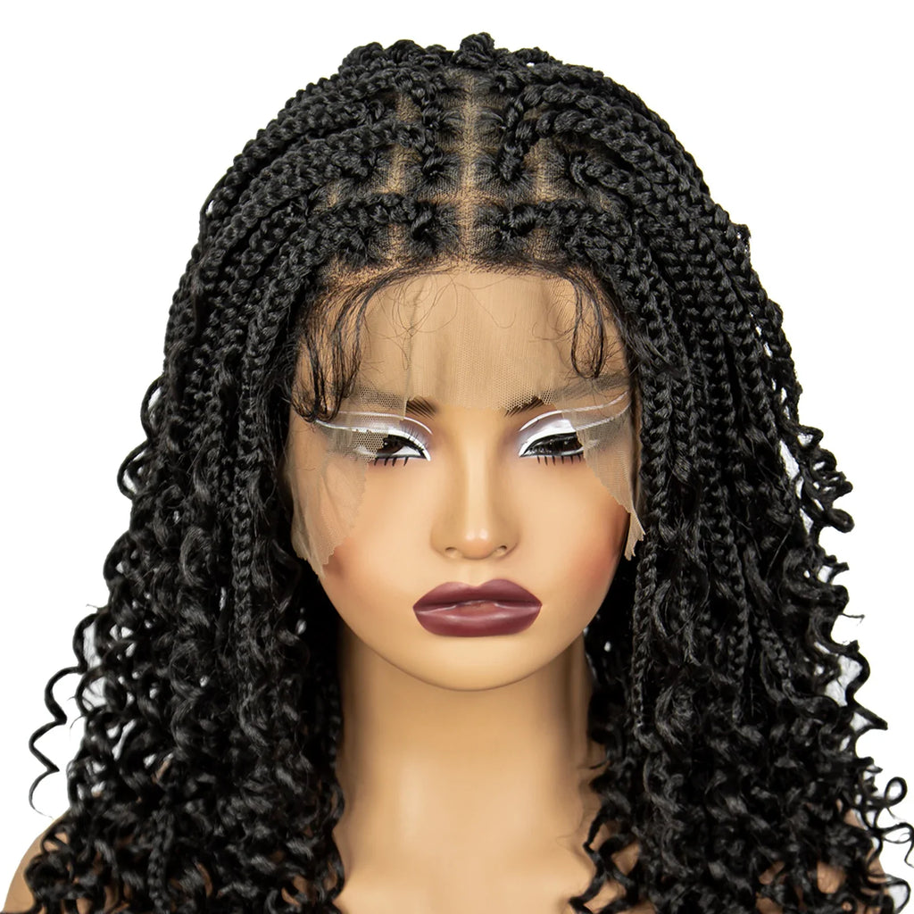 Short Boho Knotless Braids Bob Wig with Curly Ends | Full Lace