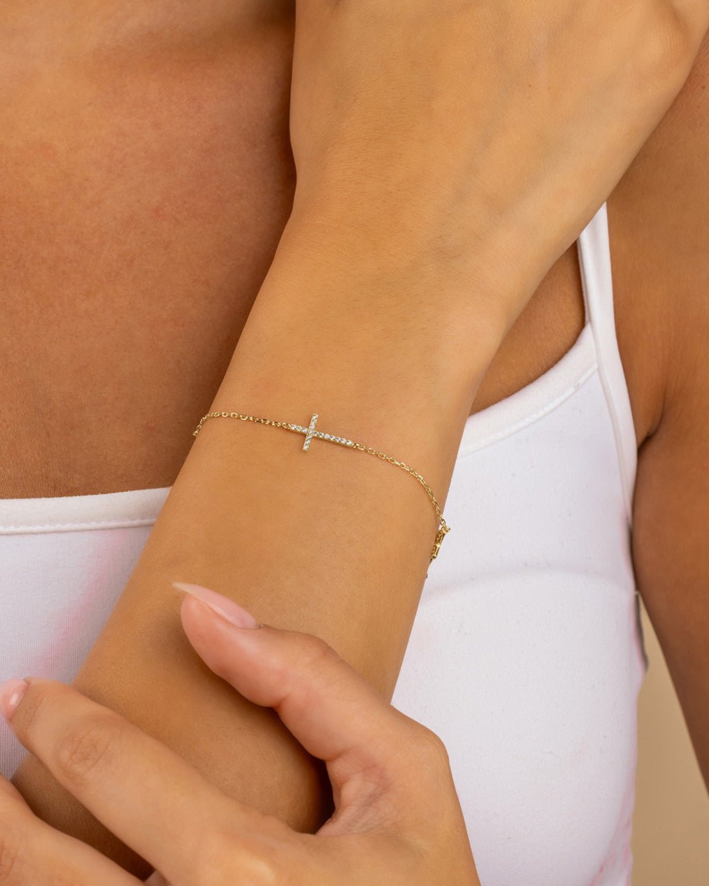 Sterling Silver Delicate CZ Cross Bracelet