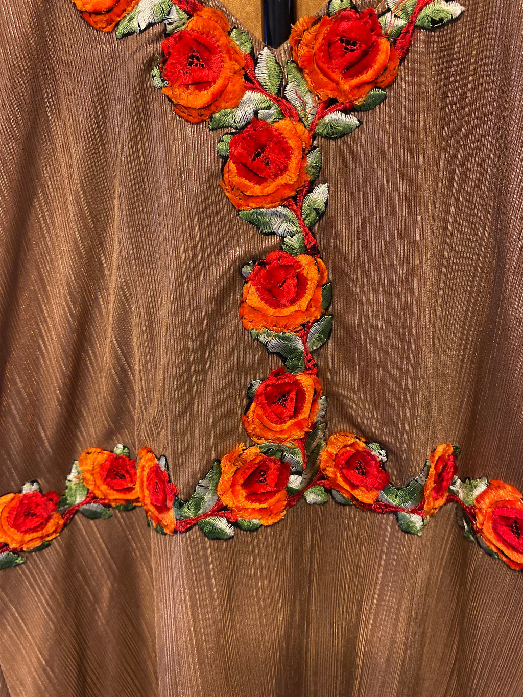 Vintage Gold Floral Embroidered Pleated Midi Dress