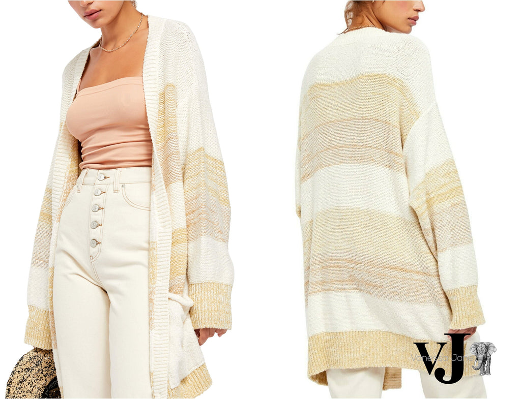 Free People Womens Beige Striped Open Cardigan Sweater, Medium