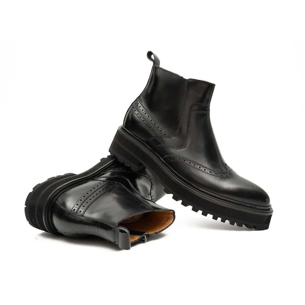 Black Brogue Leather Chelsea Boots