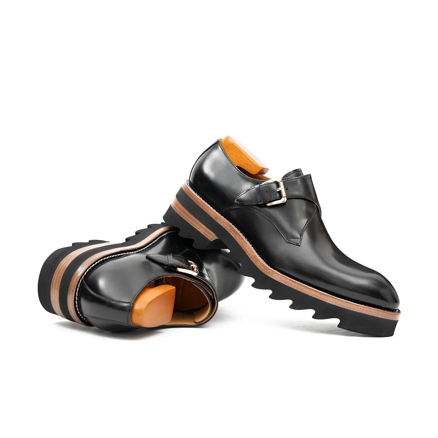 Black Leather Monk Strap Shoes with Chunky Soles