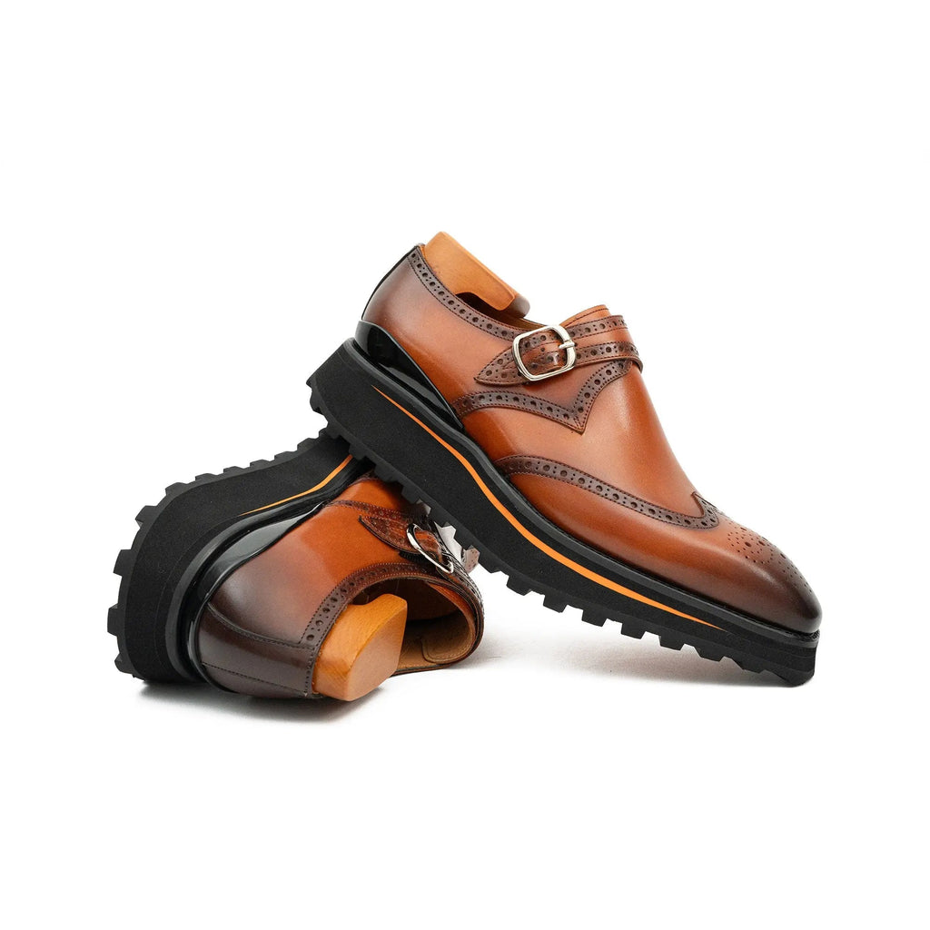 Brown Brogue Monk Shoes With Chunky Sole