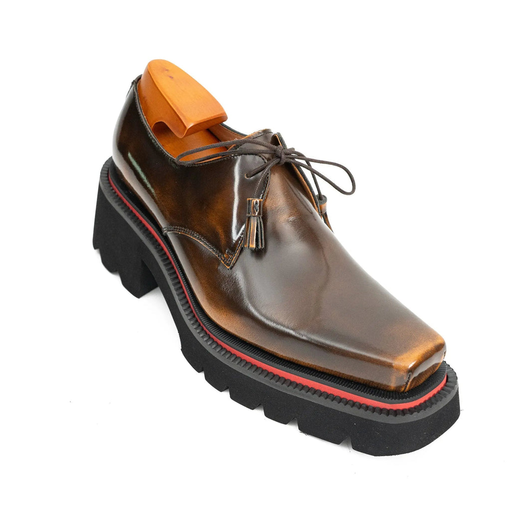 Brown Patent Leather Chunky Sole Derby Shoes