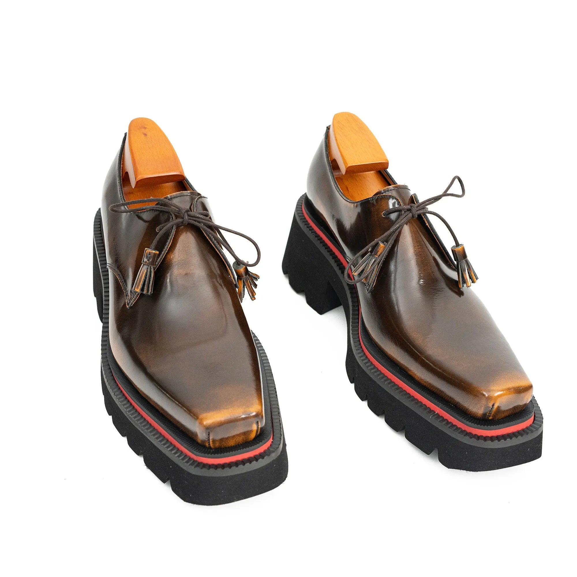 Brown Patent Leather Chunky Sole Derby Shoes