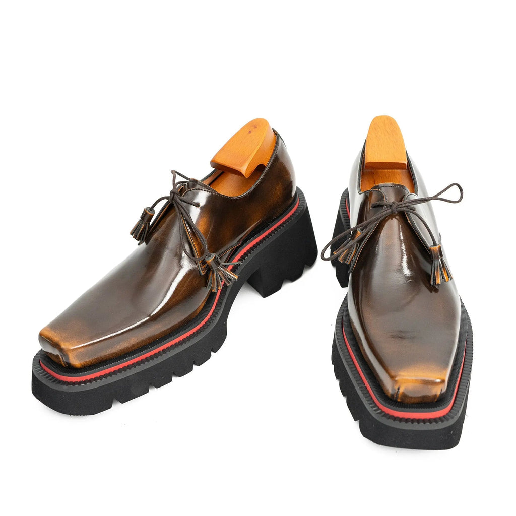Brown Patent Leather Chunky Sole Derby Shoes
