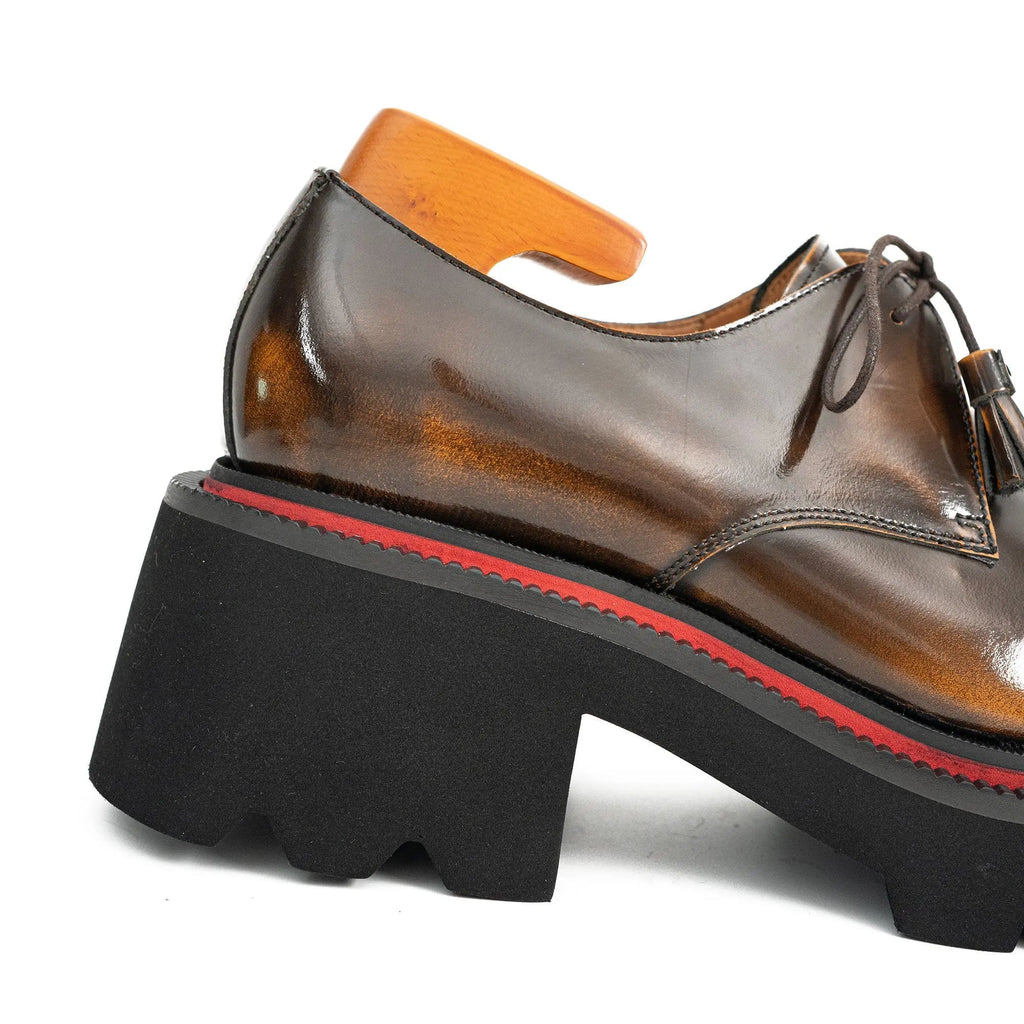Brown Patent Leather Chunky Sole Derby Shoes
