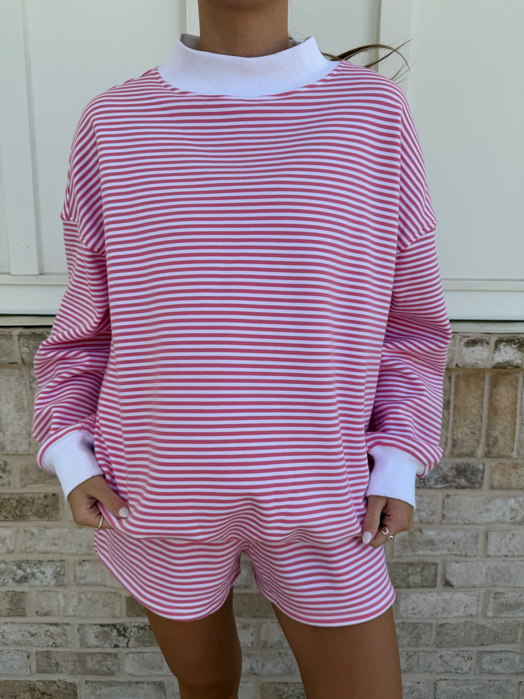 Dark Pink and White Big Striped Mockneck Sweatshirt