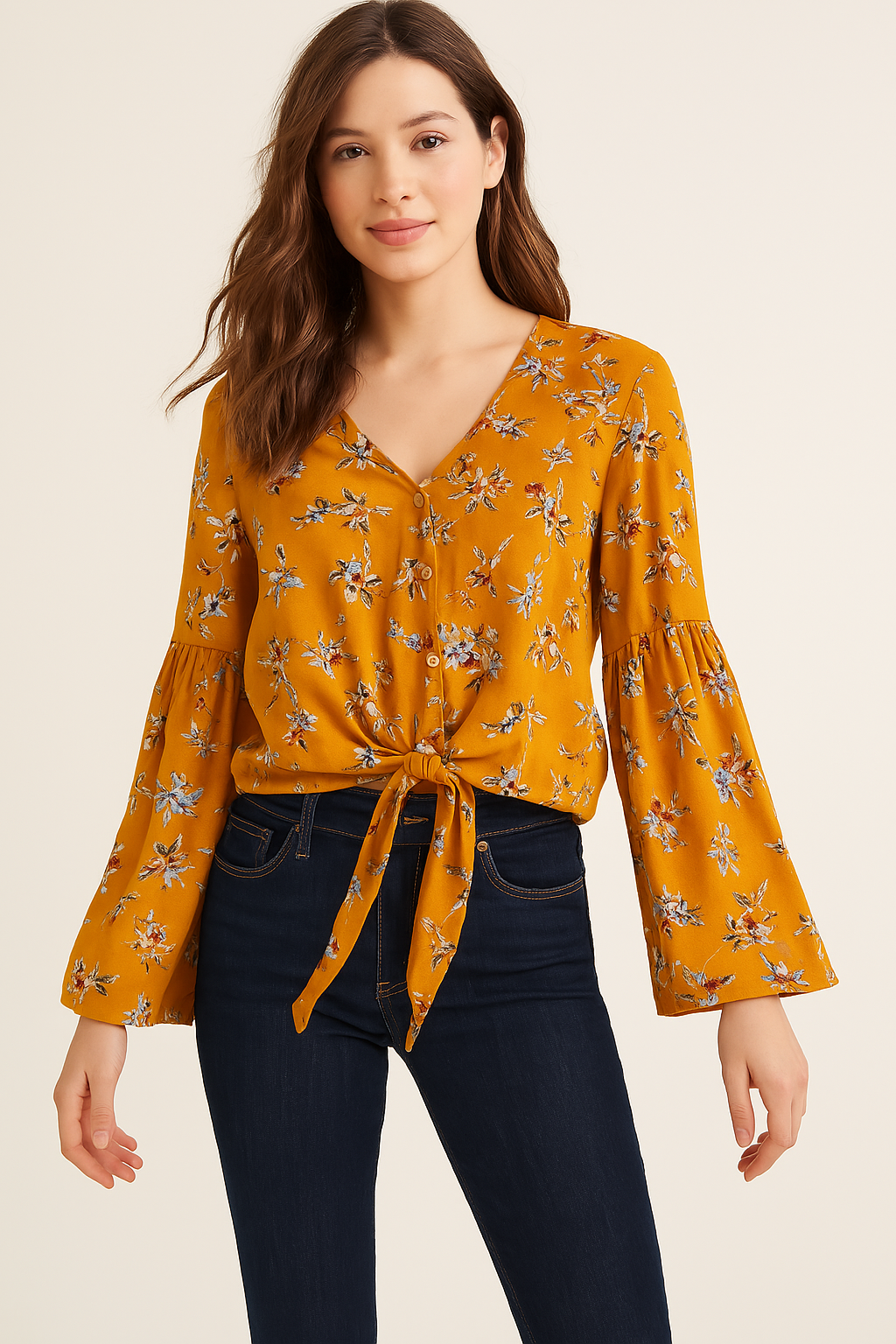 Polly & Esther Juniors Tie-Front Bell-Sleeve Top