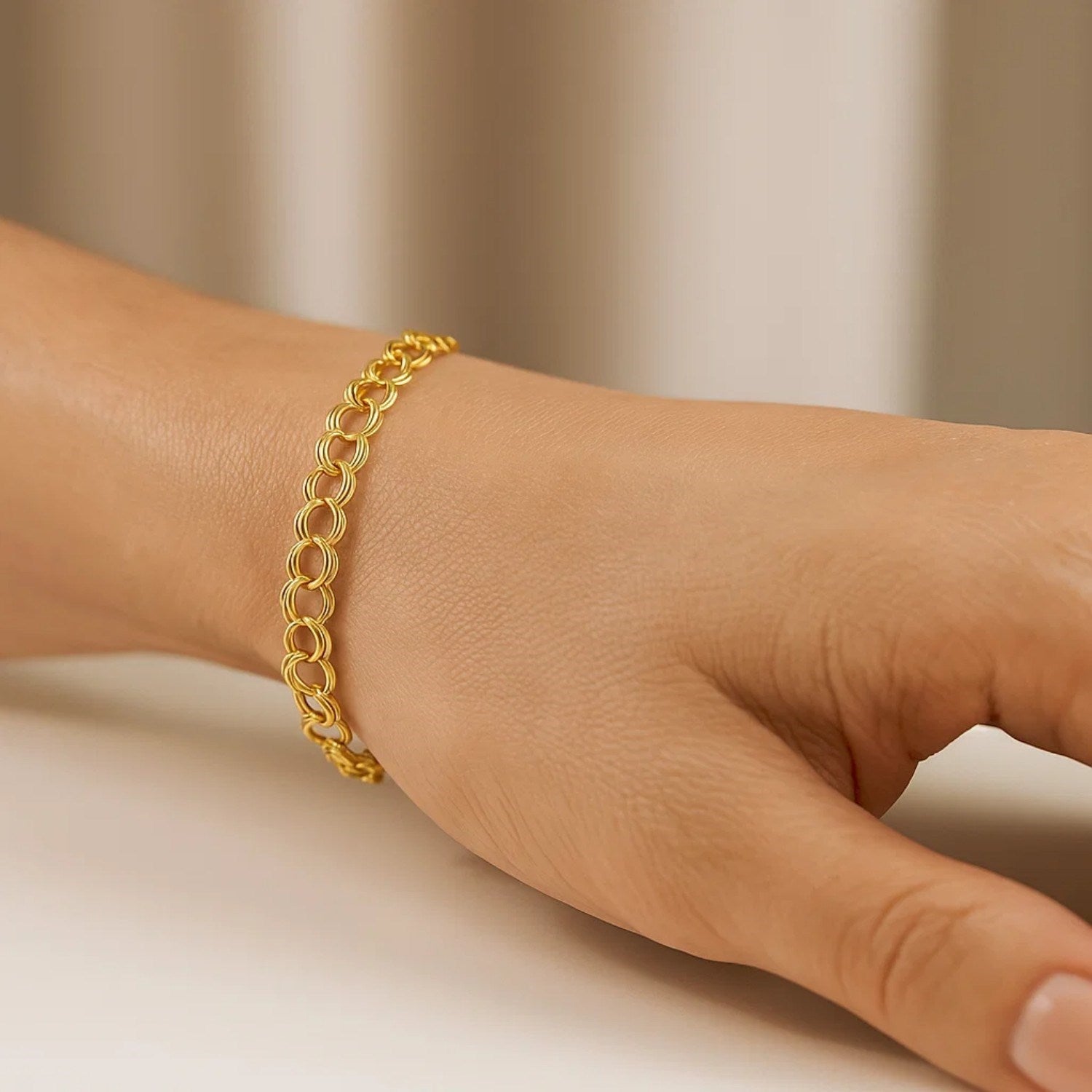 14k Yellow Gold Solid Double Link Charm Bracelet (5.00 mm)