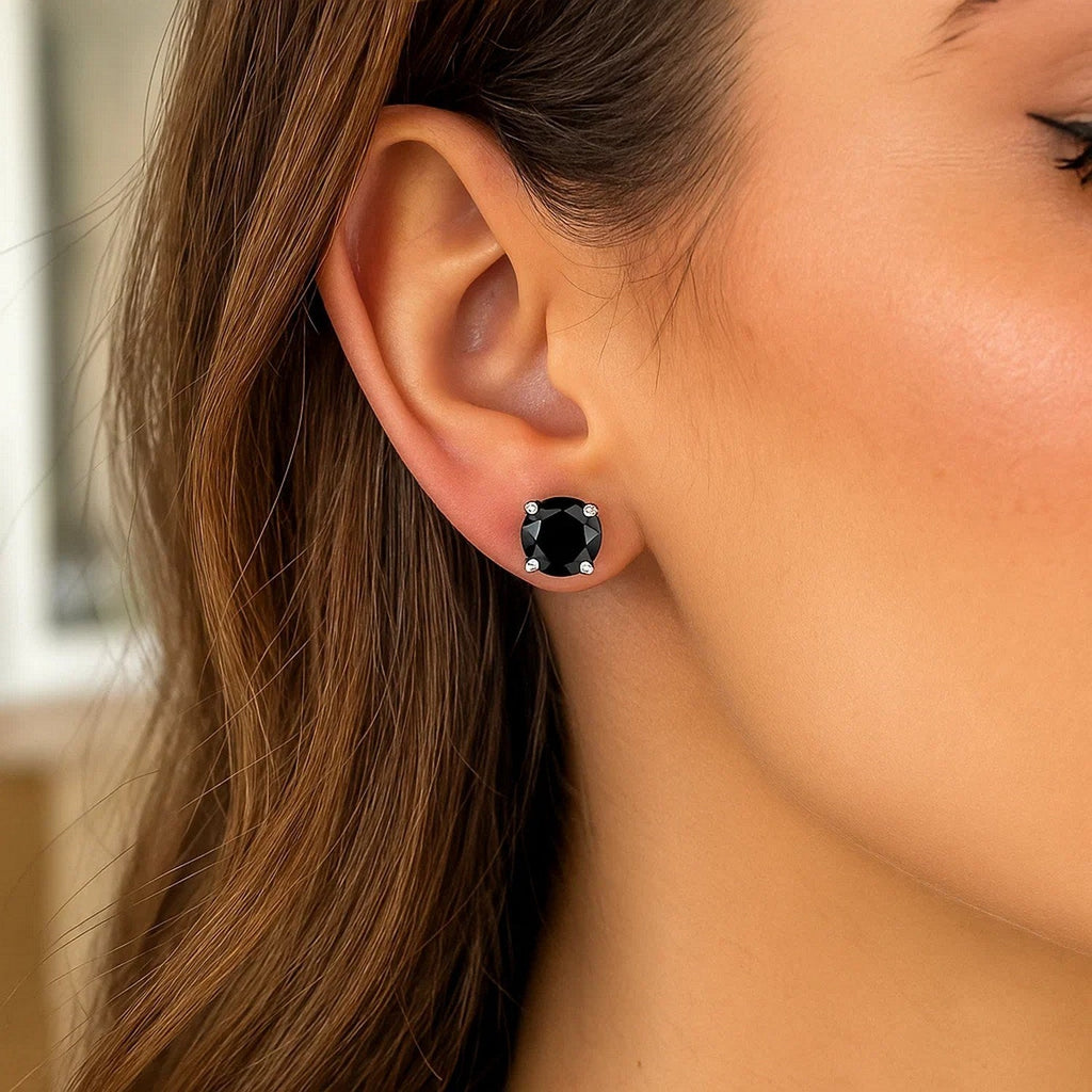 14k White Gold 8.0mm Round Black CZ Stud Earrings