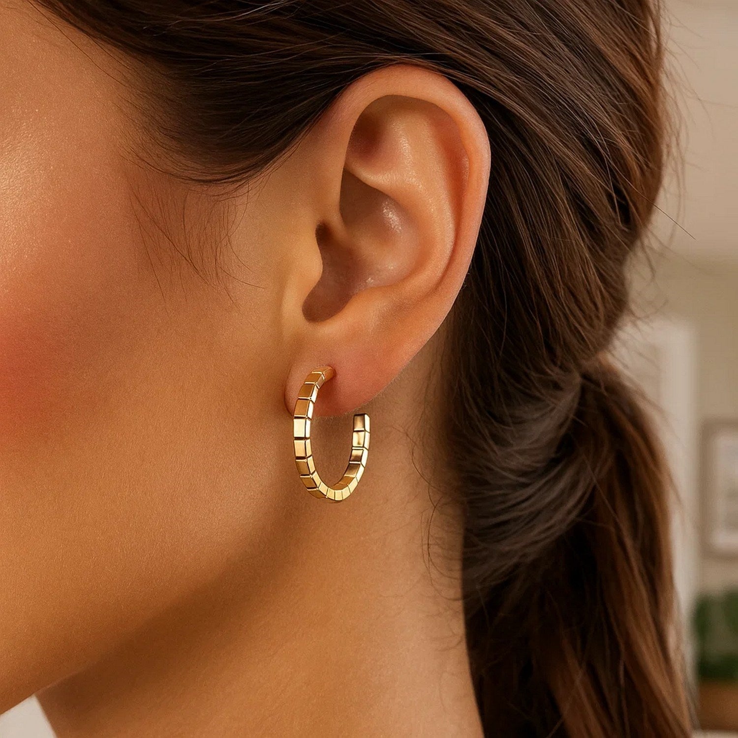 14k Yellow Gold Brick Omega Hoop Earrings