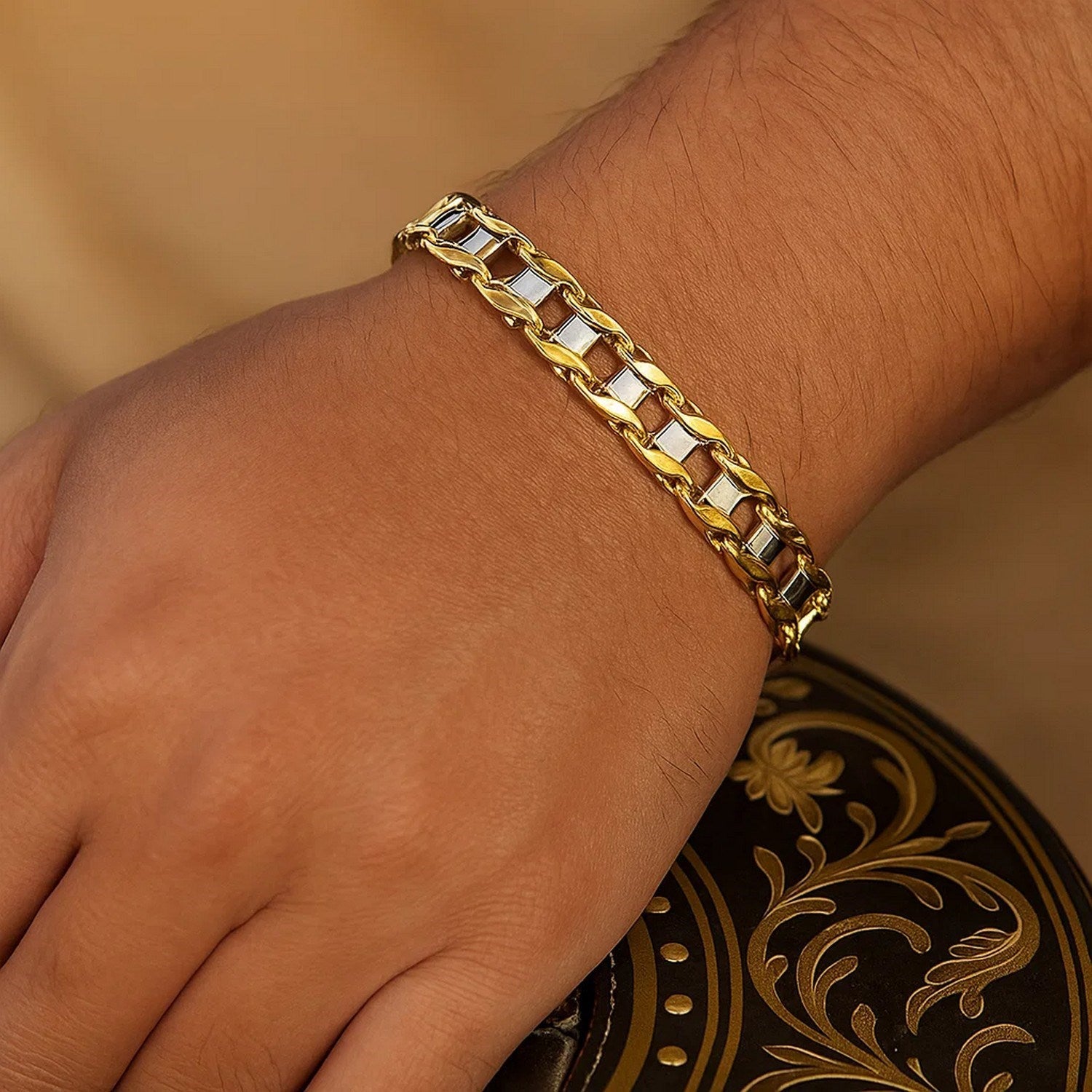 14k Two-Tone Gold Mens Bracelet with S Style Bar Links (7.85 mm)