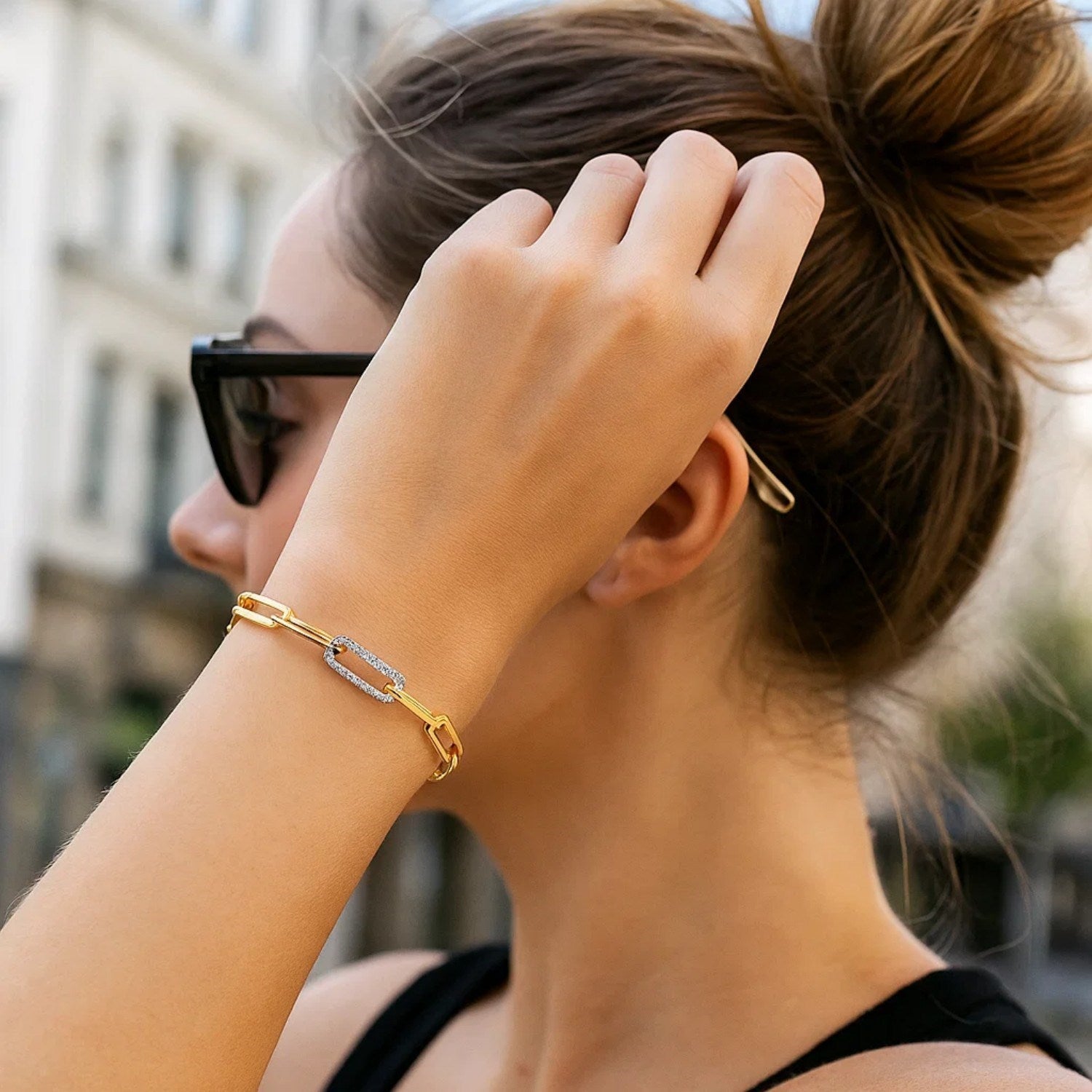 14k Yellow Gold inch Paperclip Chain Bracelet with Three Diamond Links (2.00 mm)