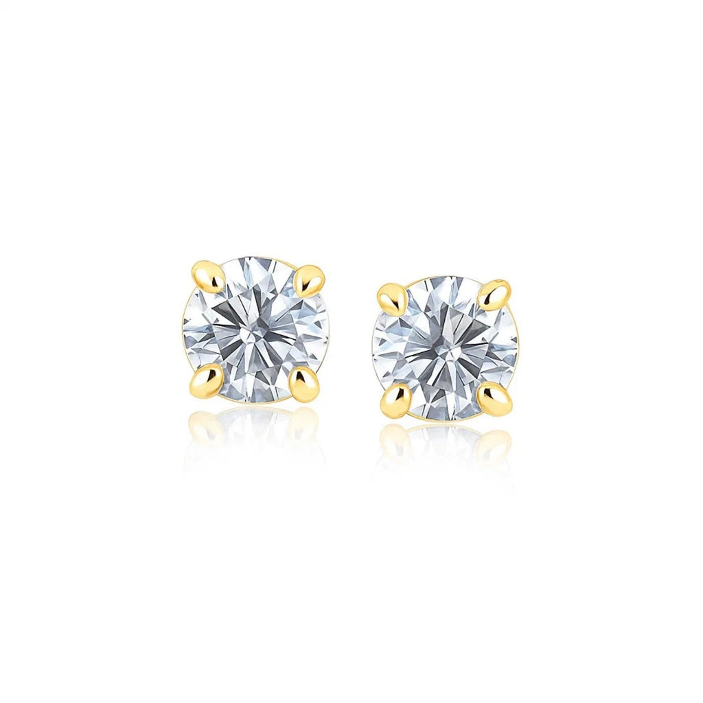 14k Yellow Gold Stud Earrings with White Hue Faceted Cubic Zirconia(6mm)