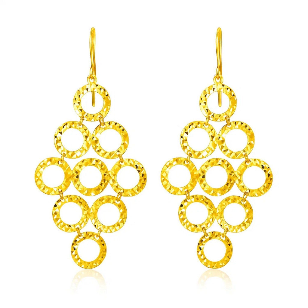 14k Yellow Gold Earrings with Textured Open Circle Motifs