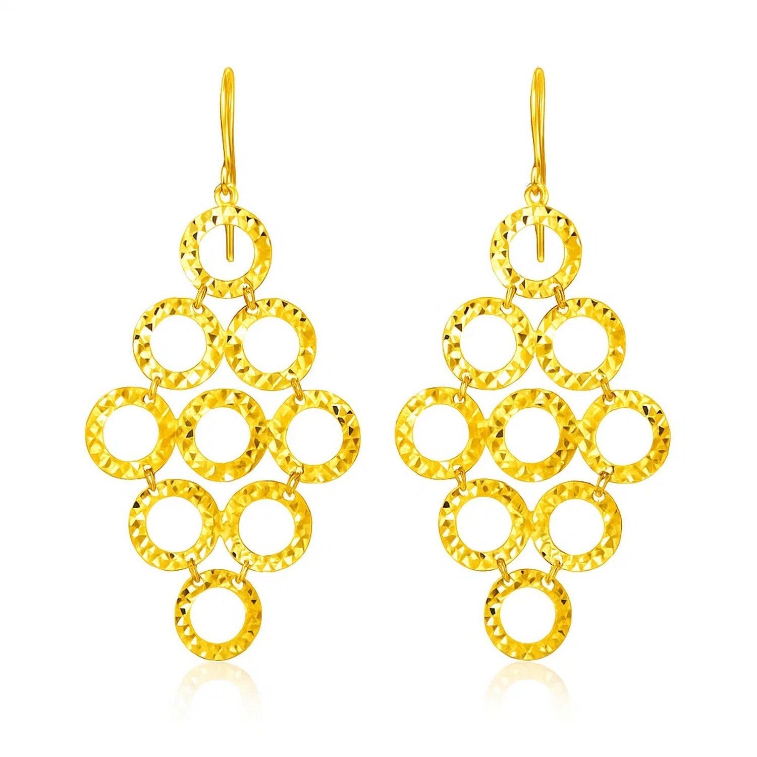 14k Yellow Gold Earrings with Textured Open Circle Motifs