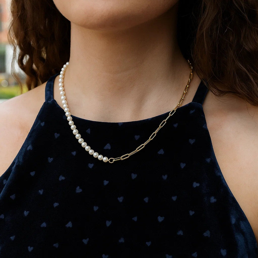 5mm Pearl and Lite Paperclip Necklace in 14K Yellow Gold