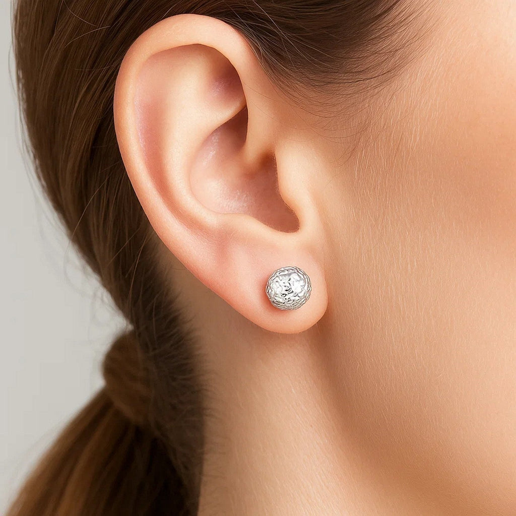 14k White Gold Ball Earrings with Crystal Cut Texture(7mm)