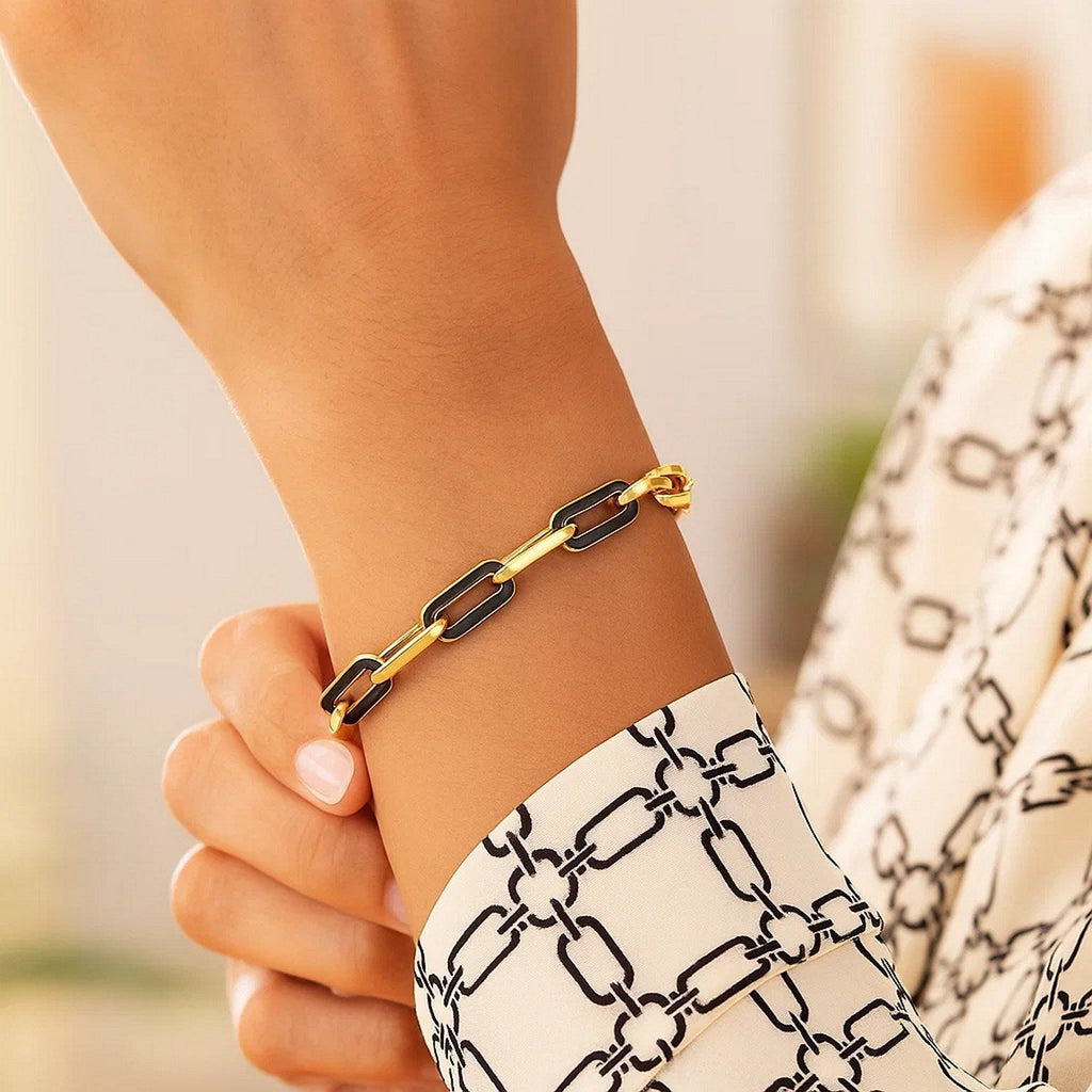 14k Yellow Gold Black Onyx Paperclip Gem Link Bracelet (7.00 mm)