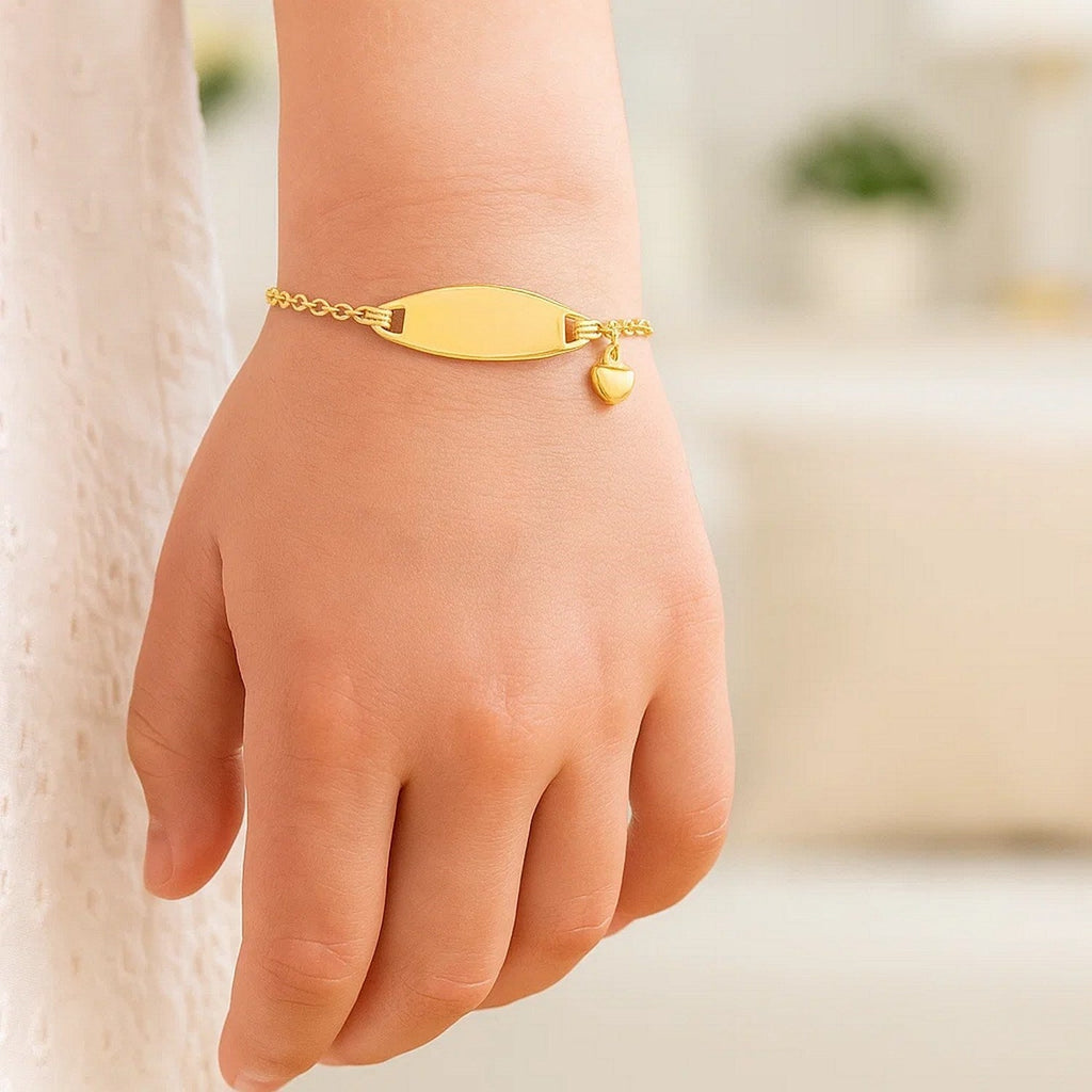 14k Yellow Gold Heart Accented Childrens Cable Chain ID Bracelet (6.35 mm)