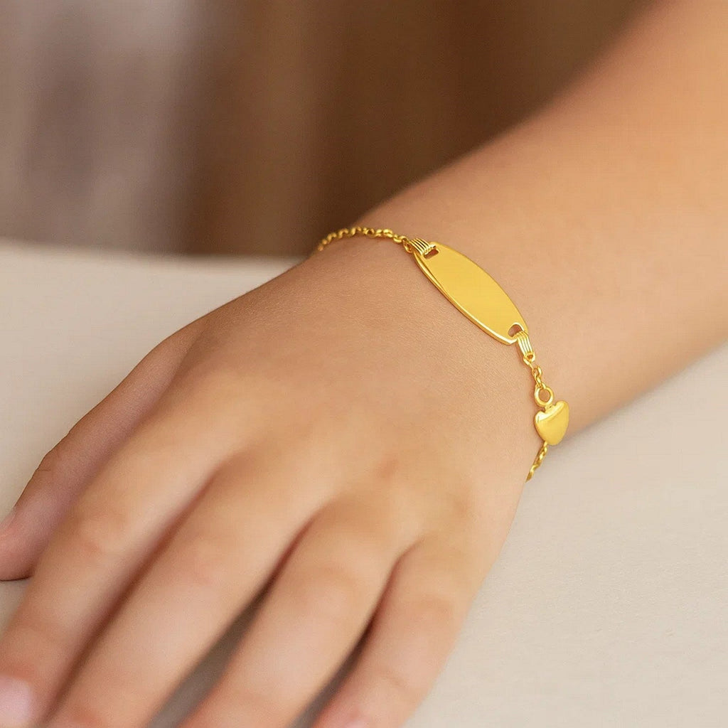 14k Yellow Gold Heart Accented Childrens Cable Chain ID Bracelet (6.35 mm)