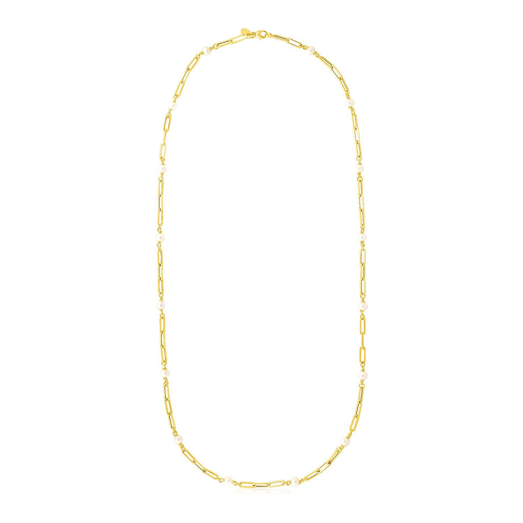 14k Yellow Gold Paperclip Chain and Pearl Necklace