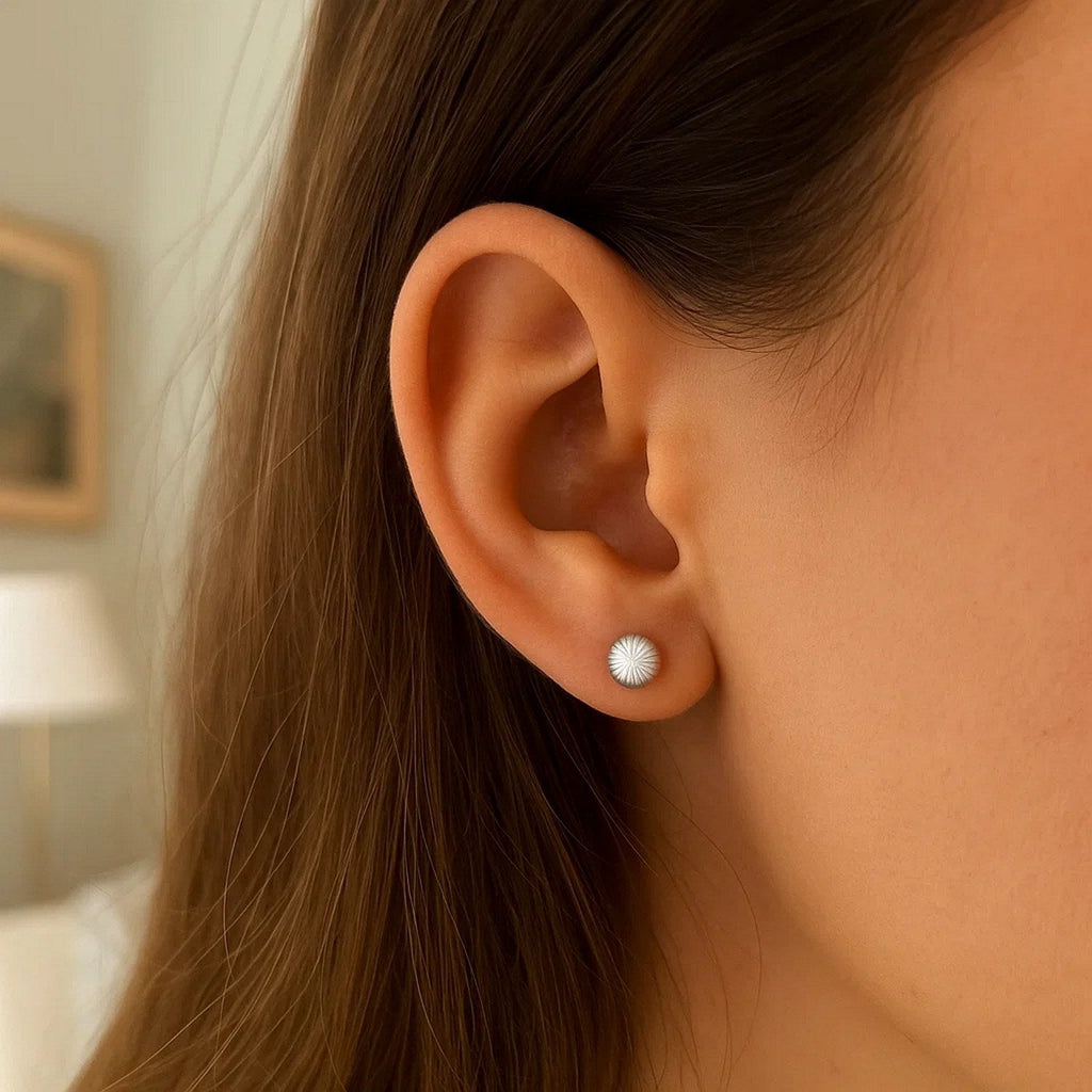 14K White Gold Ball Earrings with Linear Texture(5mm)