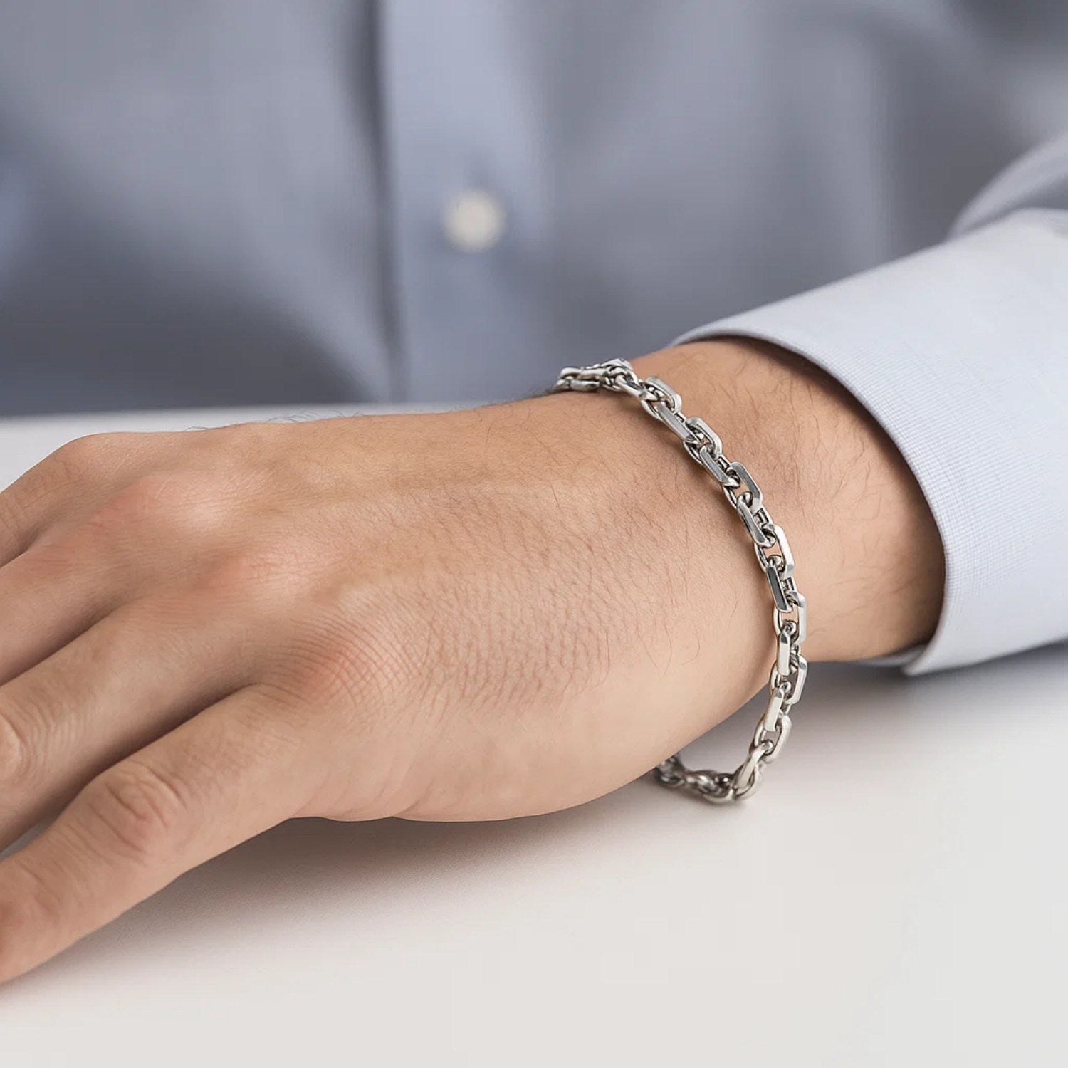 14k White Gold French Cable Chain Bracelet  (4.80 mm)