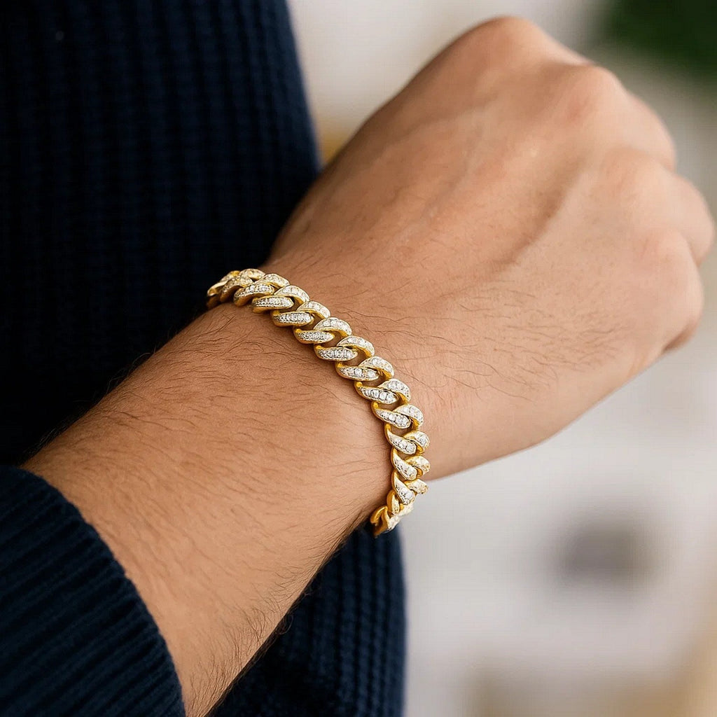 14k Yellow Gold White Pave High Polish Modern Lite Miami Cuban Bracelet(8.00 mm)