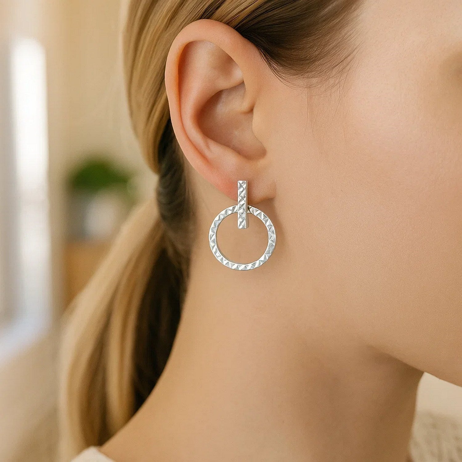 14k White Gold Textured Circle and Bar Post Earrings