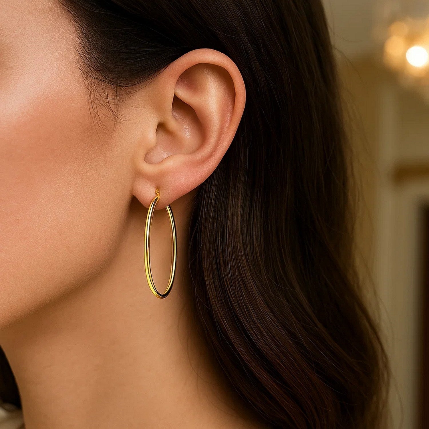 14k Yellow Gold Slim Oval Shape Hoop Earrings