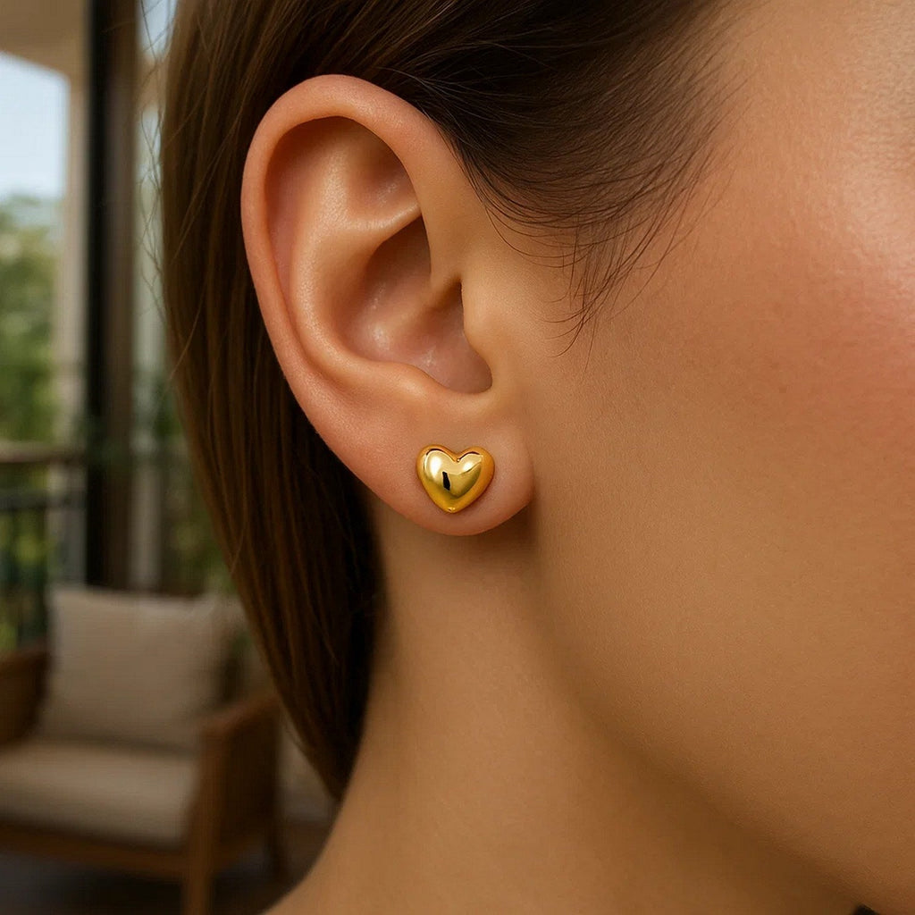 14k Yellow Gold Puffed Heart Shape Shiny Earrings