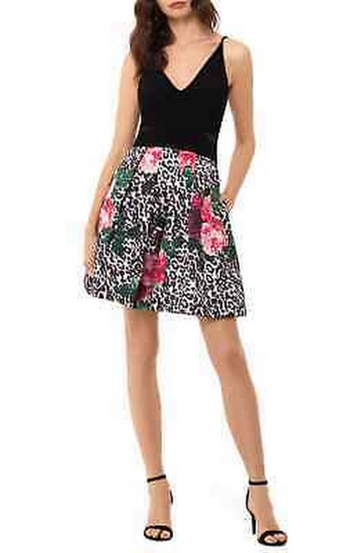 Xscape Black Printed Spaghetti Strap V Neck Fit And Flare Dress-Size 10