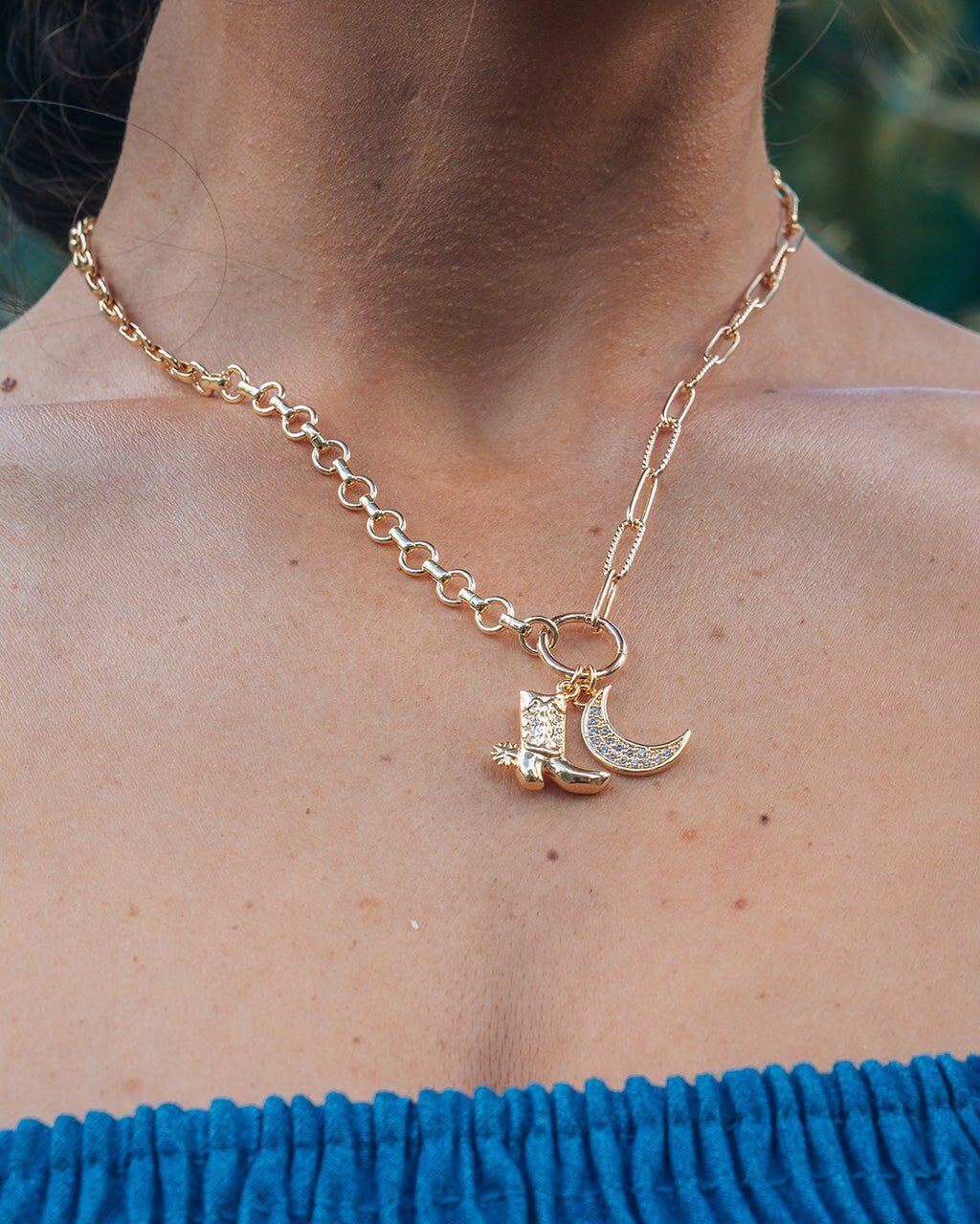 Kelsea CZ Boot & Moon Pendant Charm Necklace