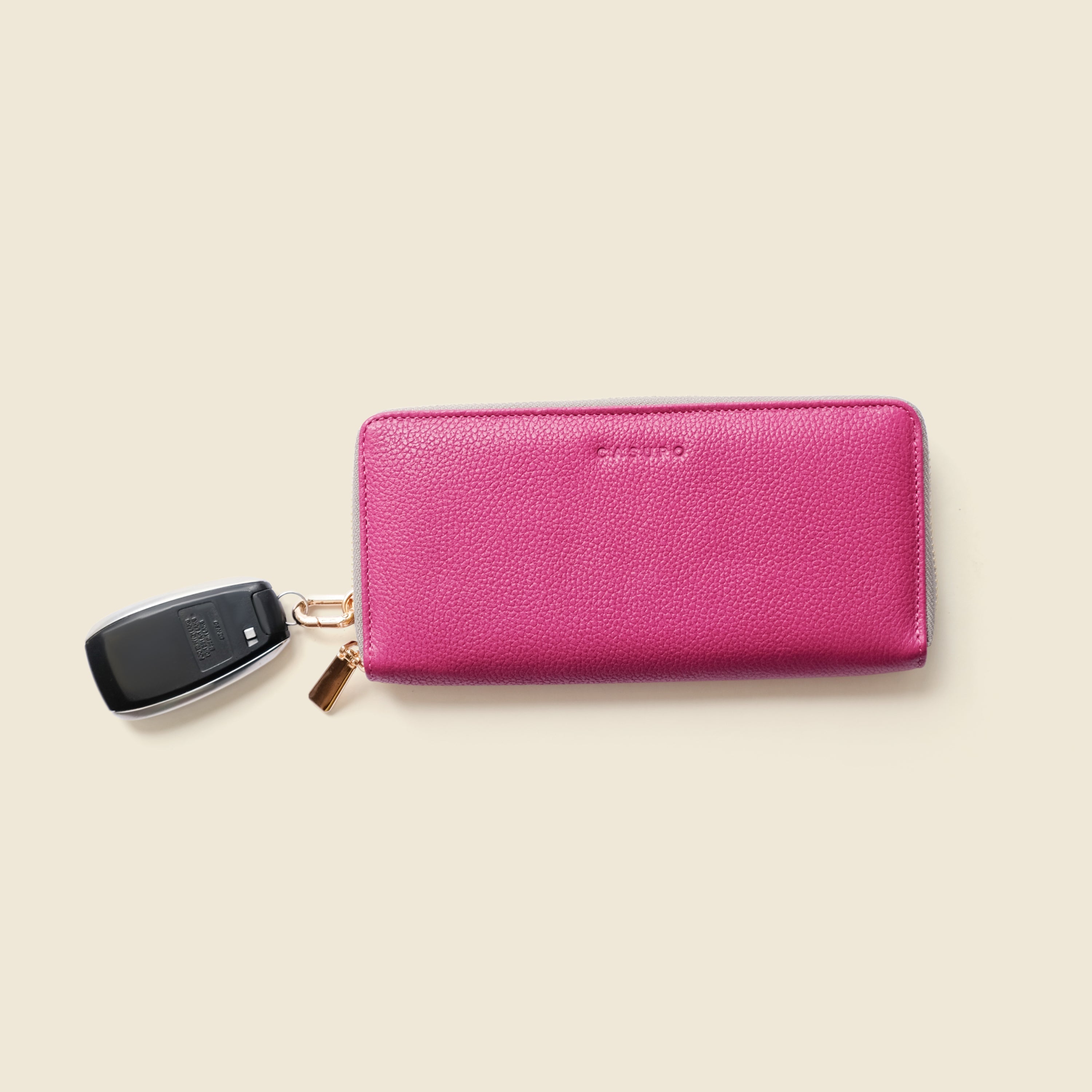 Large Zipper Wallet with Detachable Key Ring - Pink
