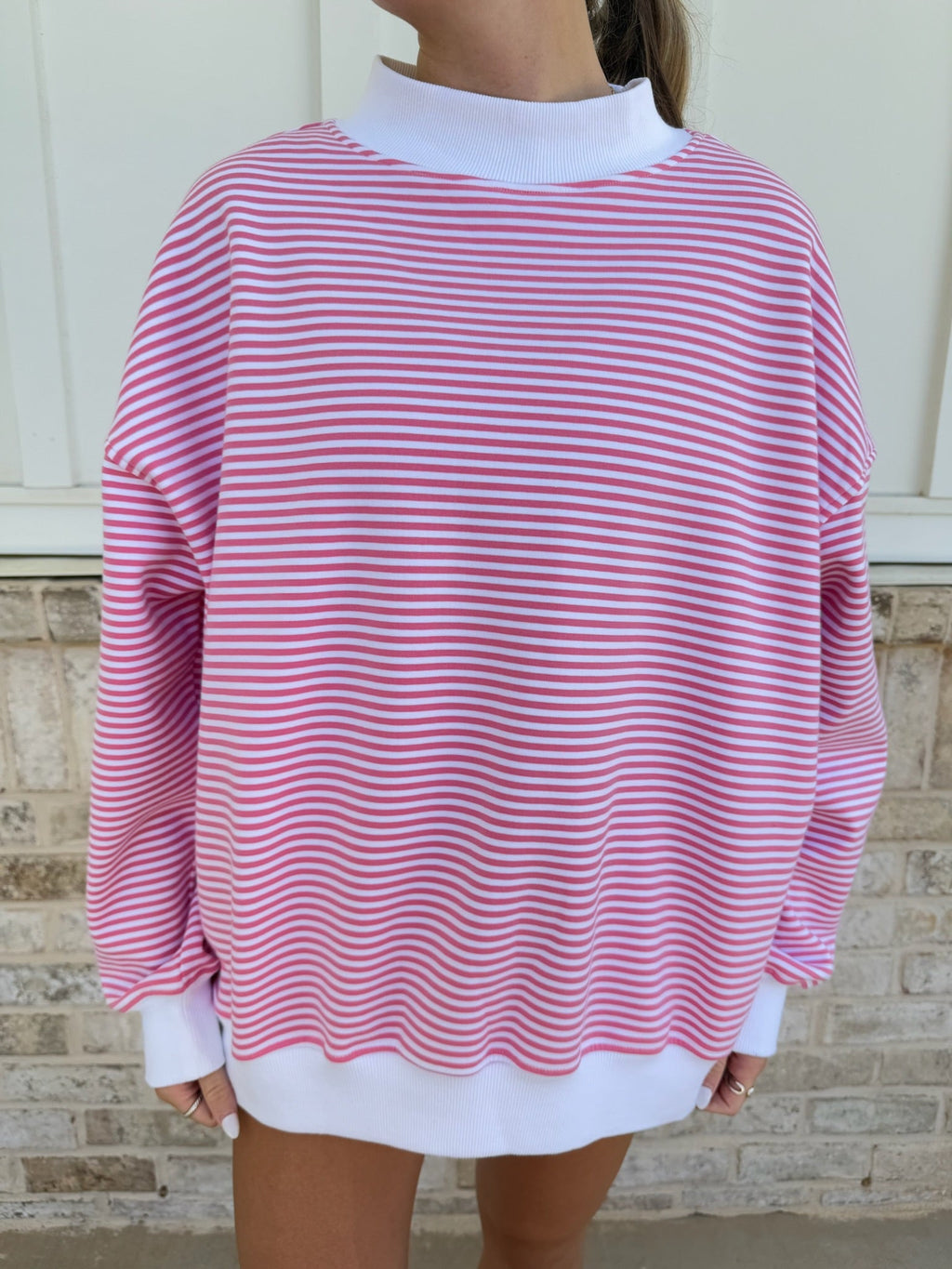 Dark Pink and White Big Striped Mockneck Sweatshirt