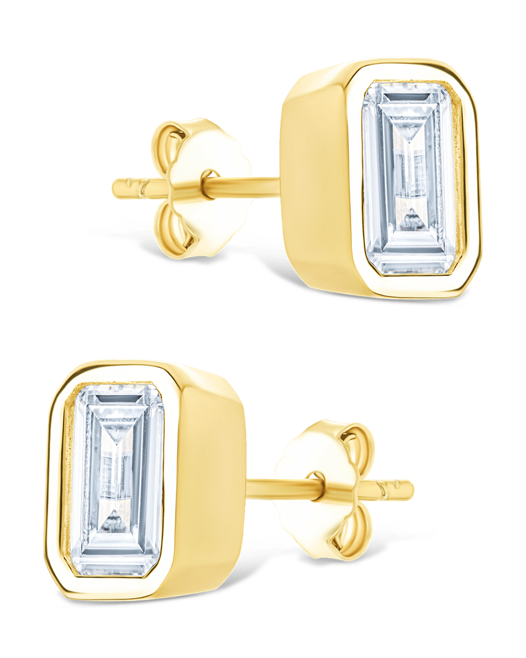 Sterling Silver Emerald Cut Bezel Set Stud Earrings