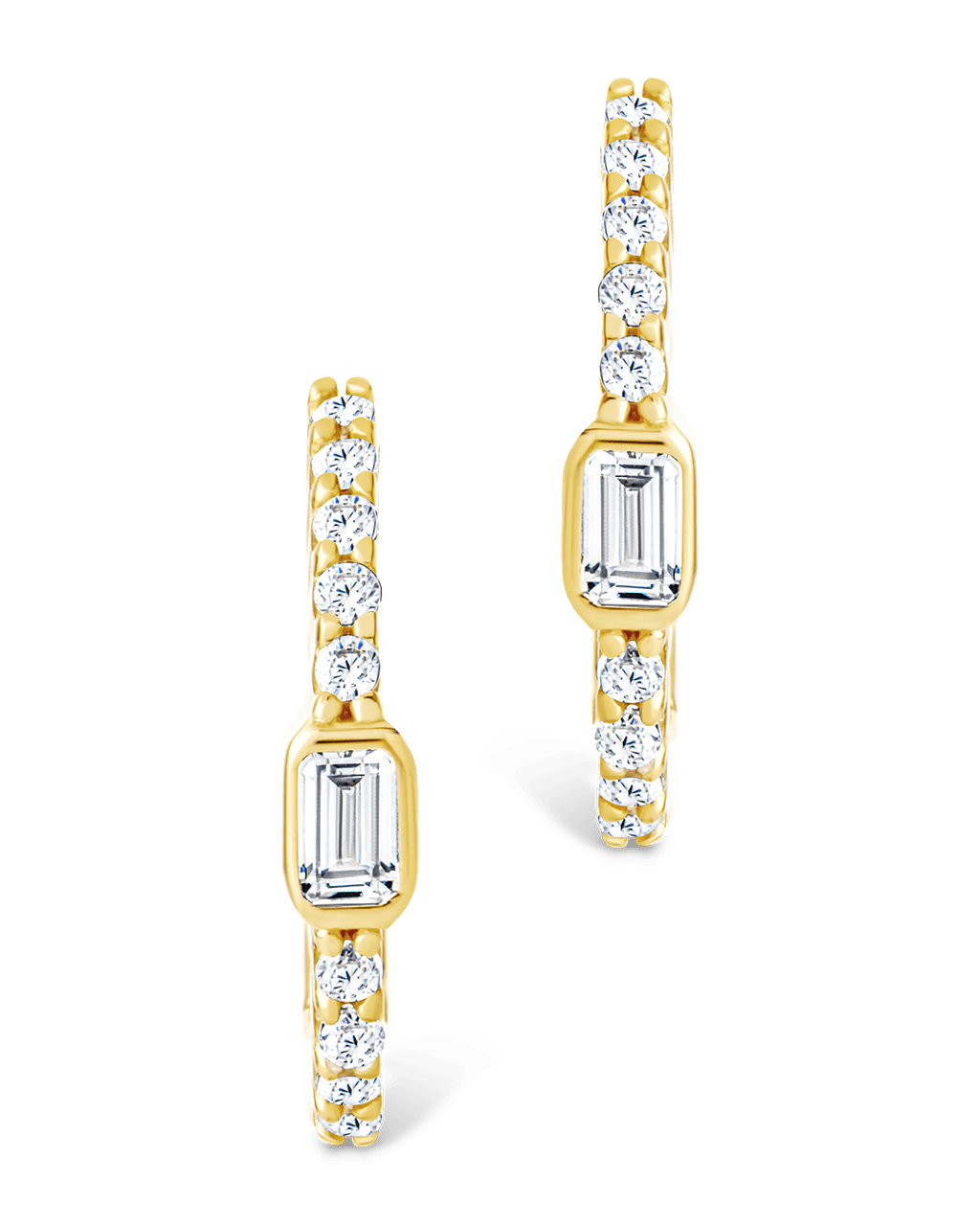 Sterling Silver Emerald Cut Bezel Set Huggie Hoop Earrings