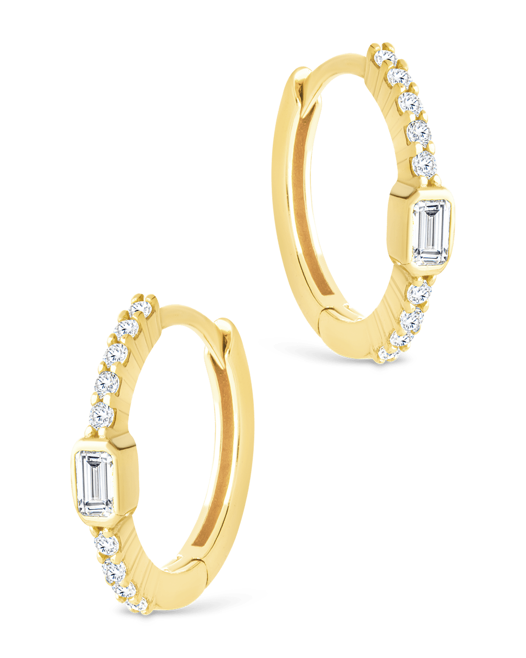 Sterling Silver Emerald Cut Bezel Set Huggie Hoop Earrings