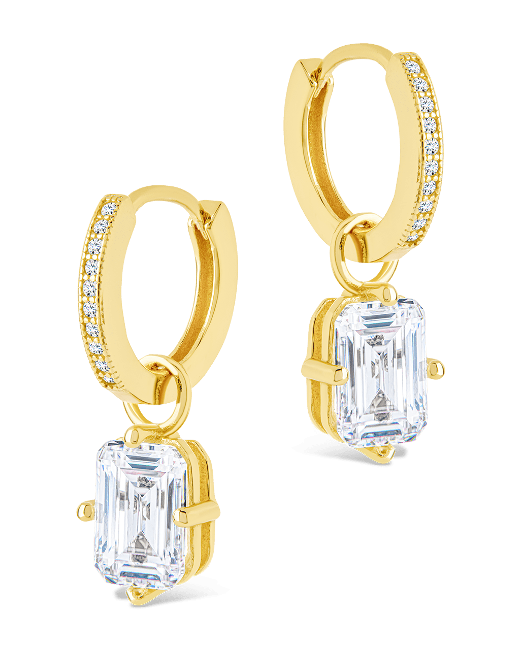 Sterling Silver Emerald Cut CZ Micro Hoop Dangle Earrings