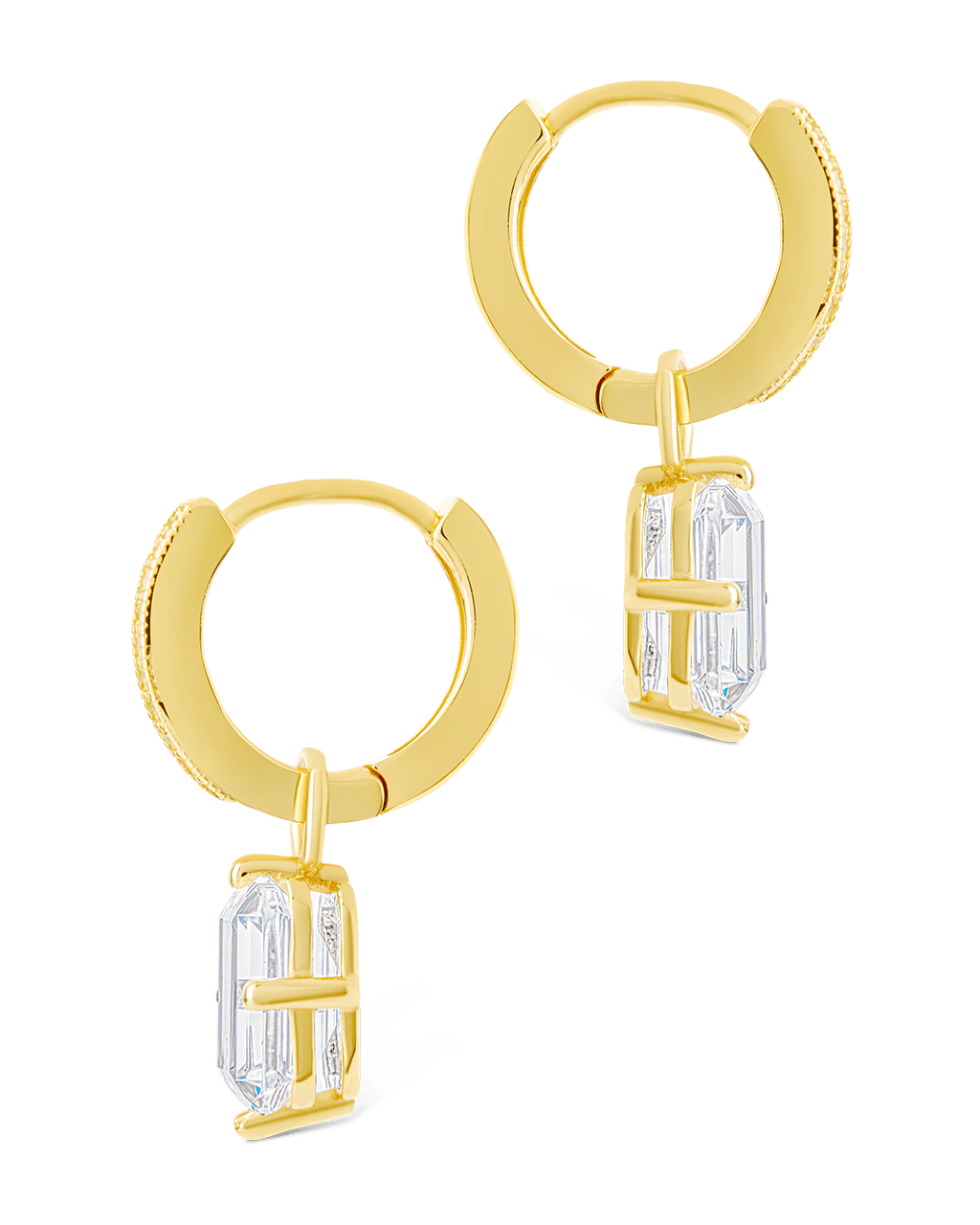 Sterling Silver Emerald Cut CZ Micro Hoop Dangle Earrings