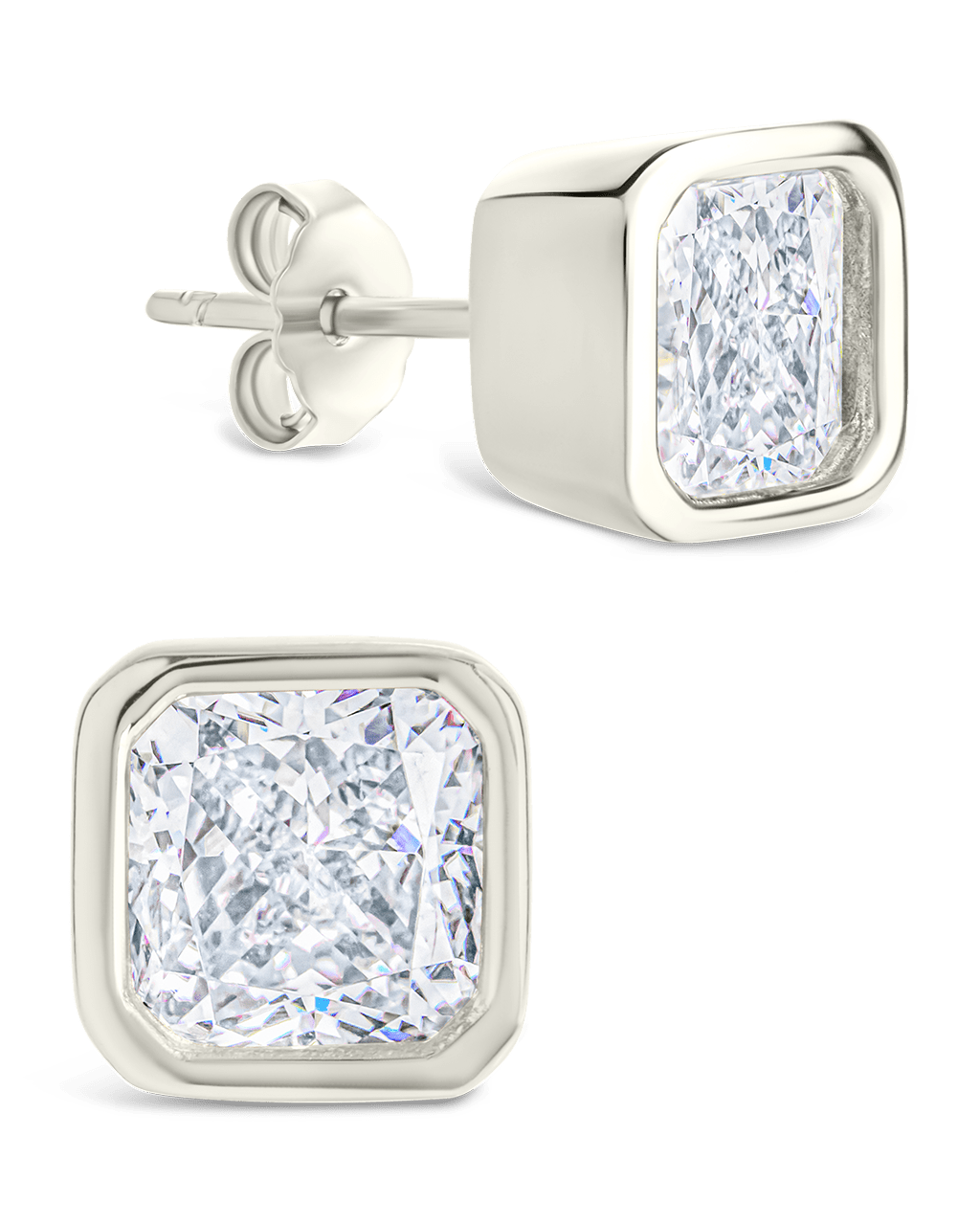 Sterling Silver Asscher Cut Bezel Set Stud Earrings